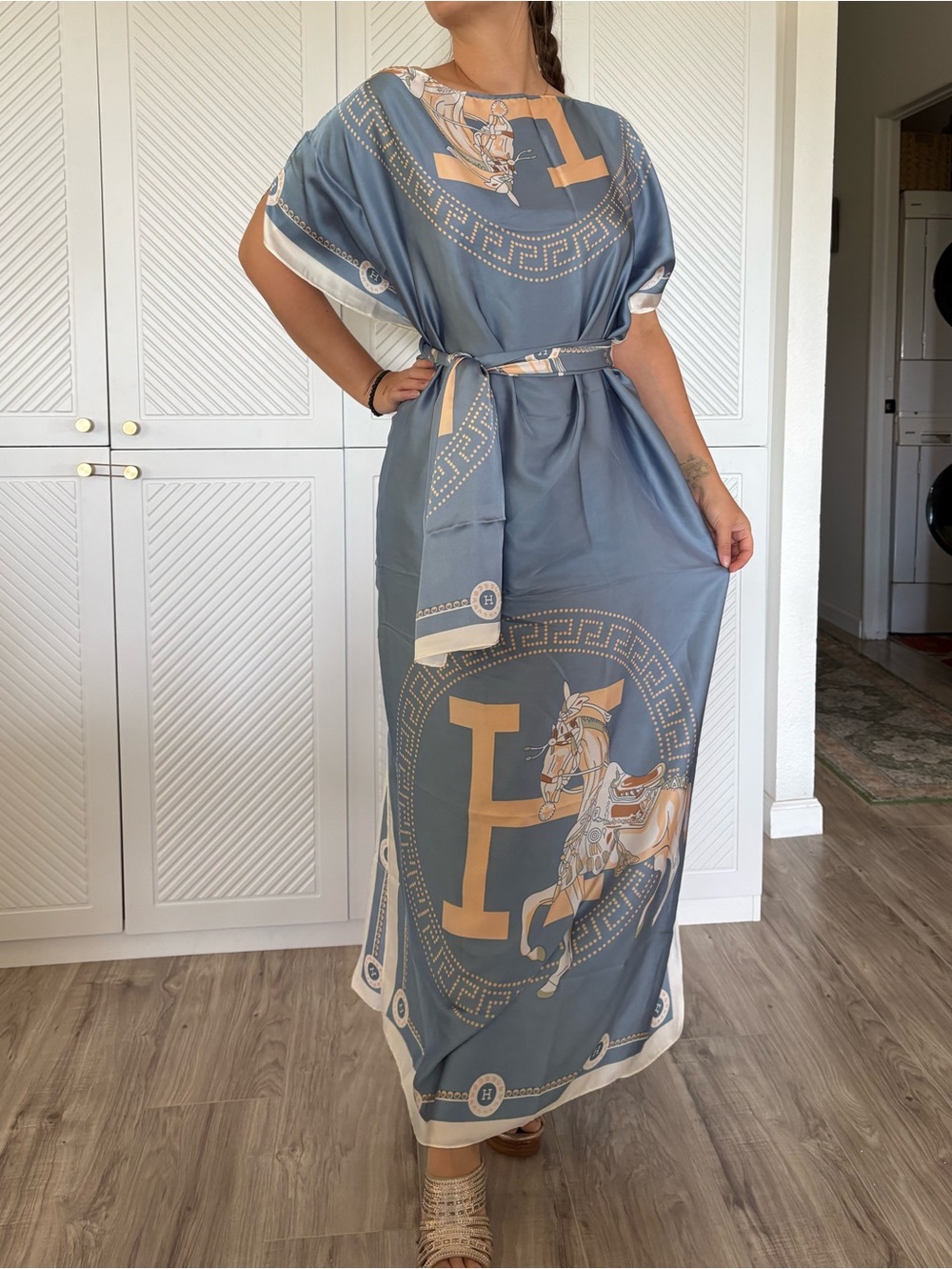 H Elegant Blue Graphic Maxi Dress  and Horse Print Kaftan And Scarf